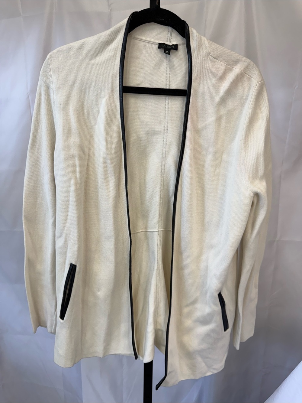 Talbots Medium Open Front Cardigan cream with black long sleeve classic tailor